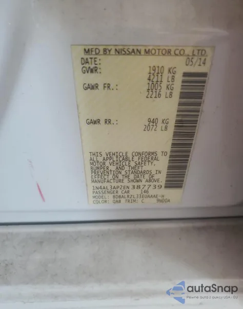 2014 Nissan Altima 2.5 из США, поврежденный, VIN 1N4AL3AP2EN387739